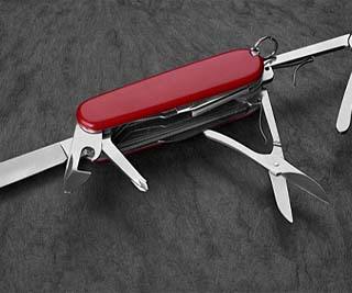 Red multi-tool, which can be used to open packages