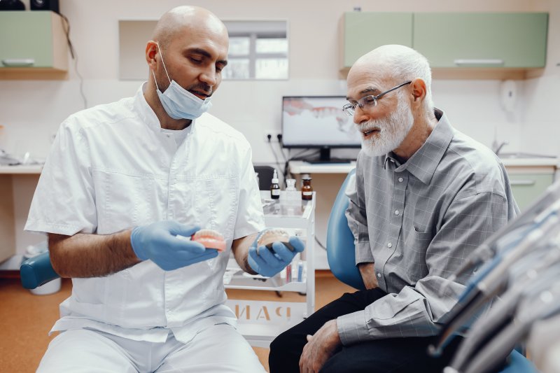 Dentist and patient discussing dentures